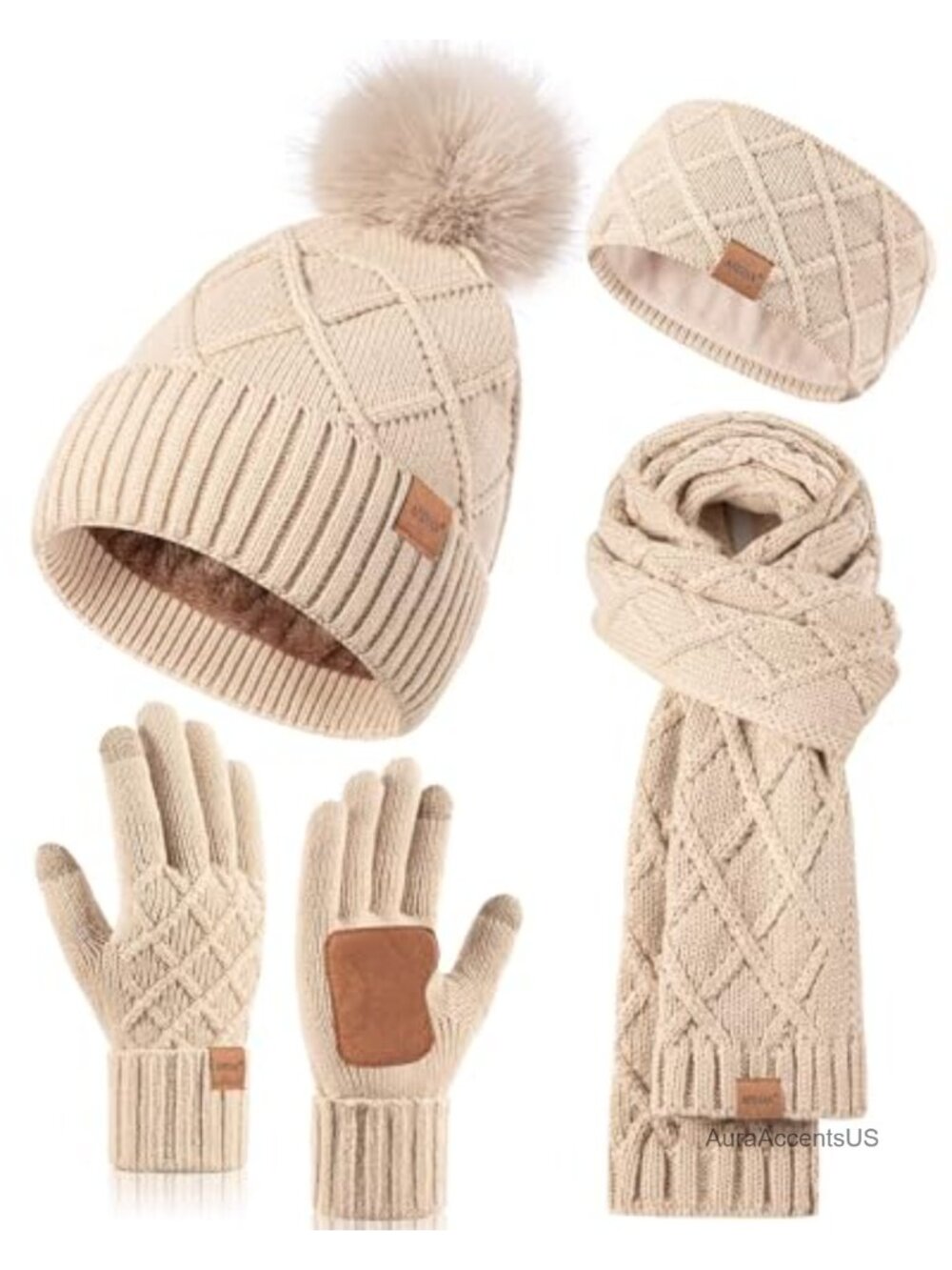 Women's 4 Piece Winter Set - Fleece Lined Knit Beanie Hat, Scarf, Touchscreen